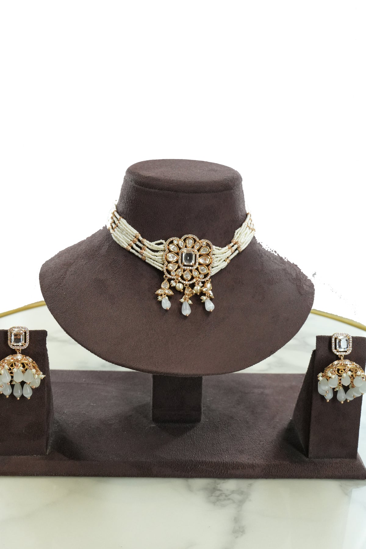 Pearl Beaded Kundan Choker Jewelry Set with Earrings