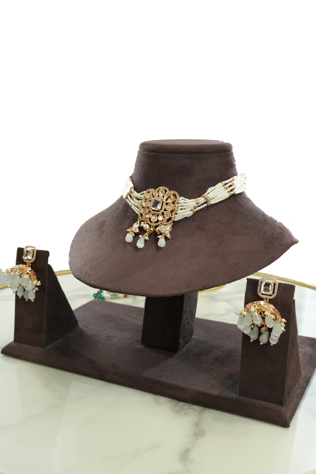 Pearl Beaded Kundan Choker Jewelry Set with Earrings