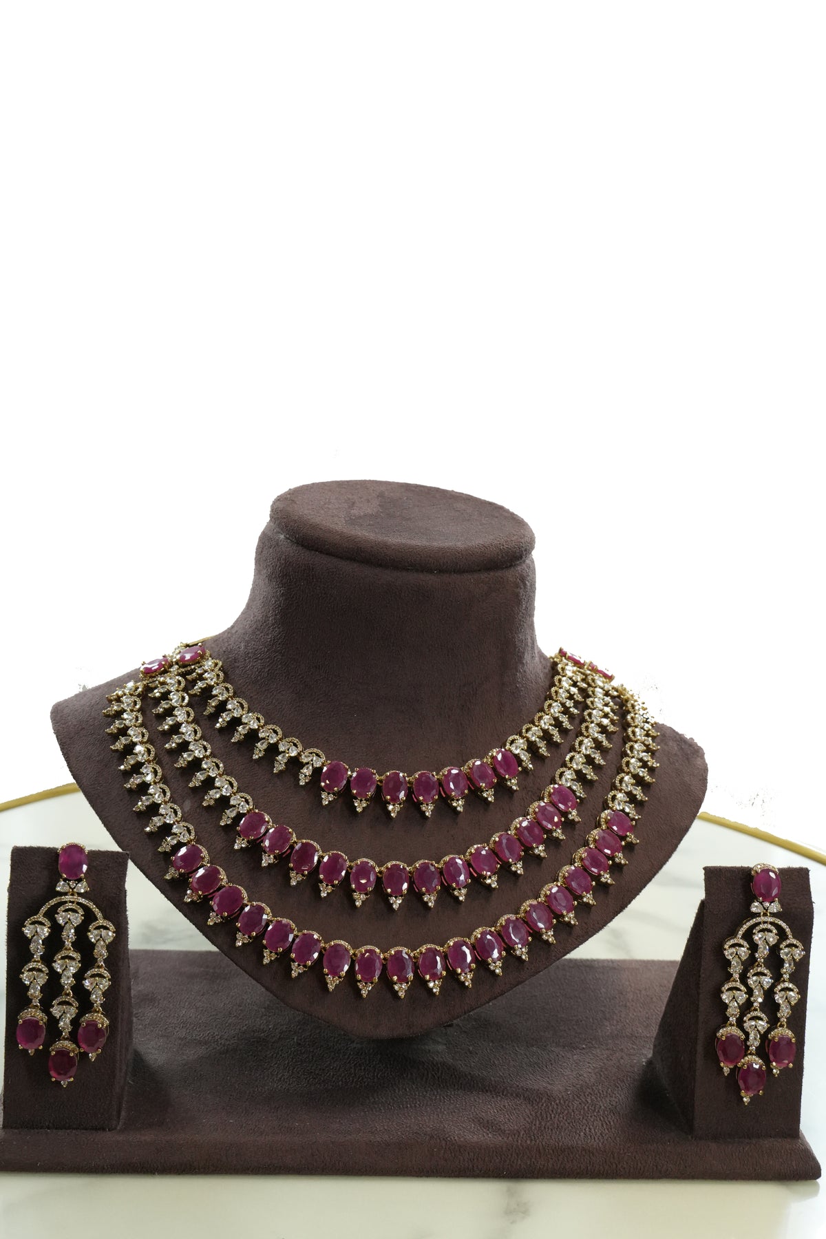 Ruby Stone Layered Necklace Set with Matching Earrings