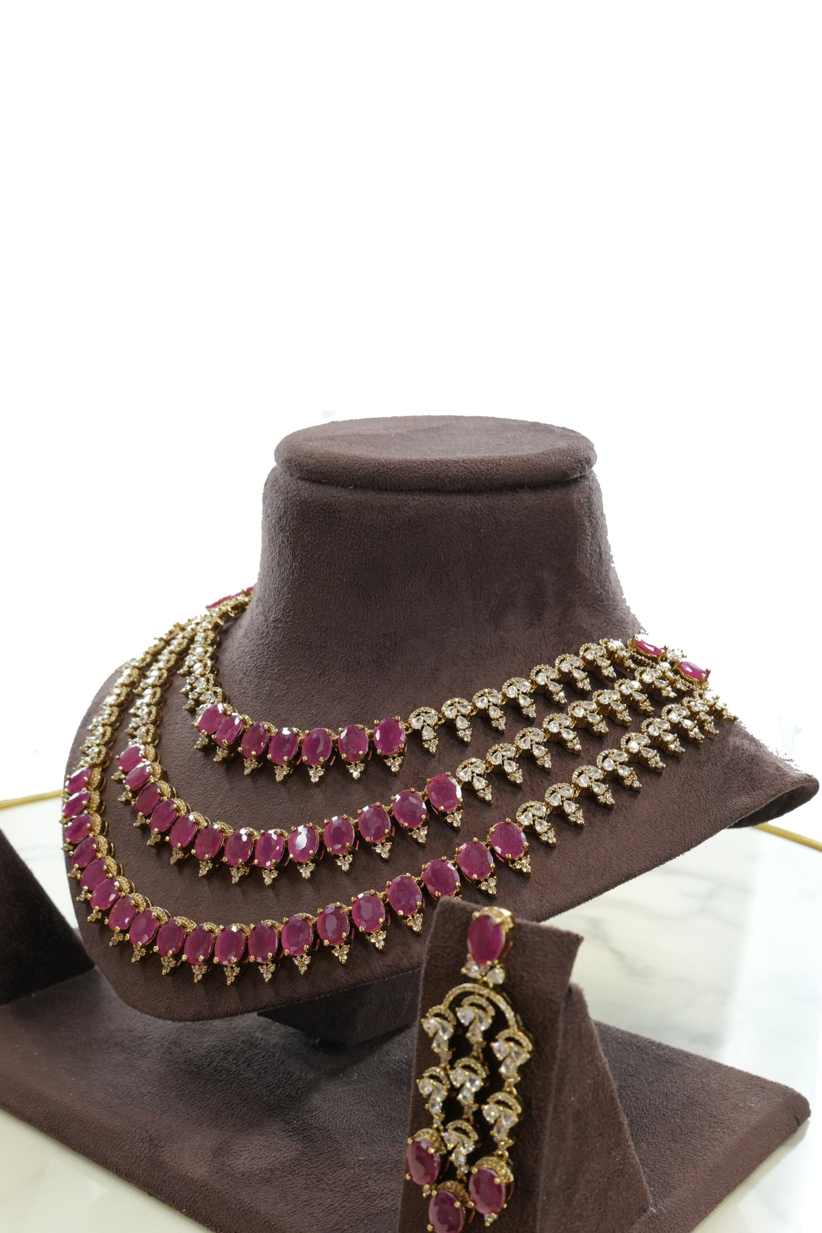 Ruby Stone Layered Necklace Set with Matching Earrings