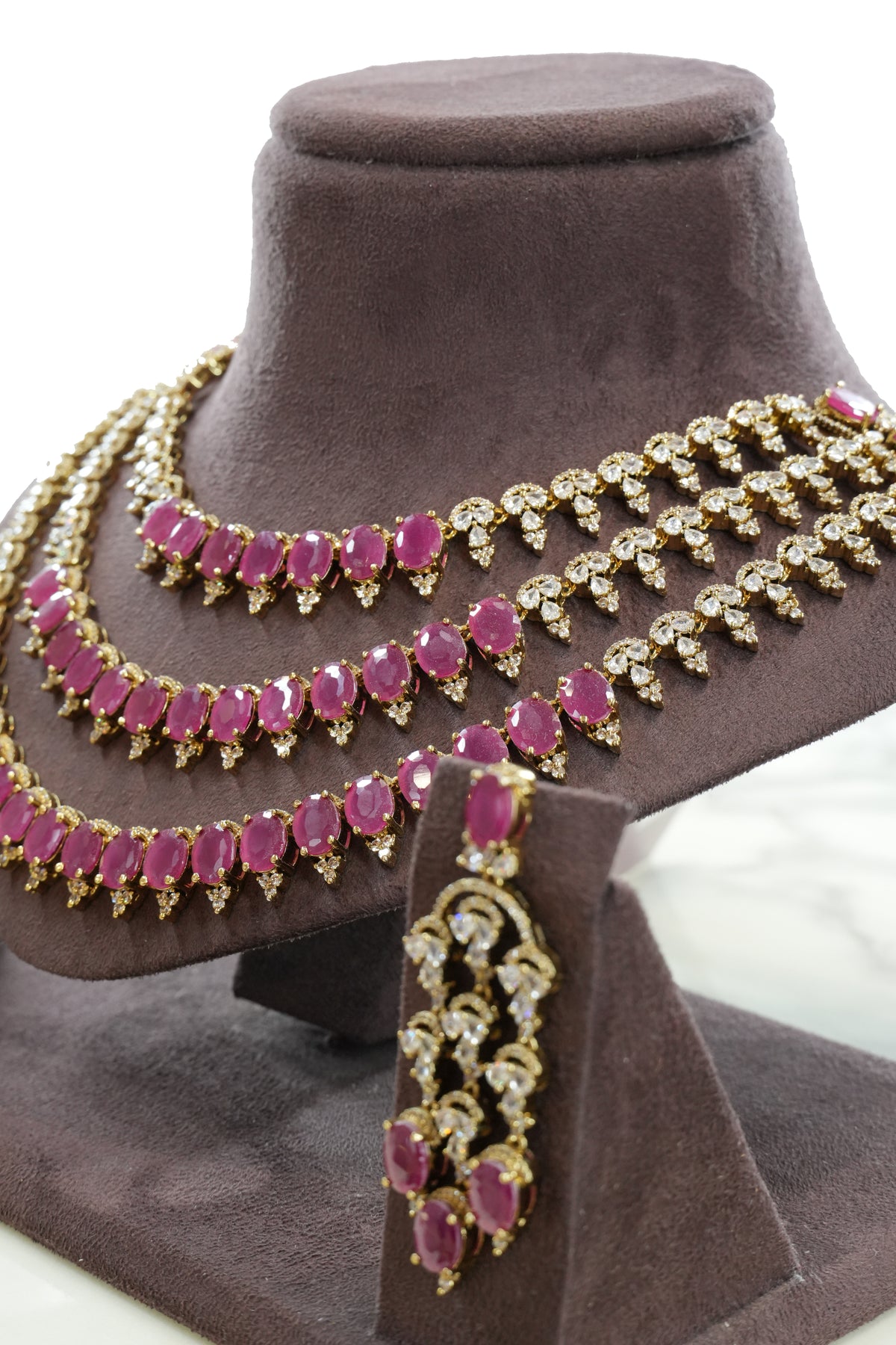 Ruby Stone Layered Necklace Set with Matching Earrings