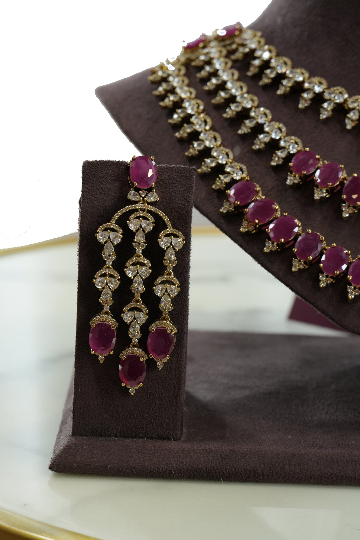 Ruby Stone Layered Necklace Set with Matching Earrings