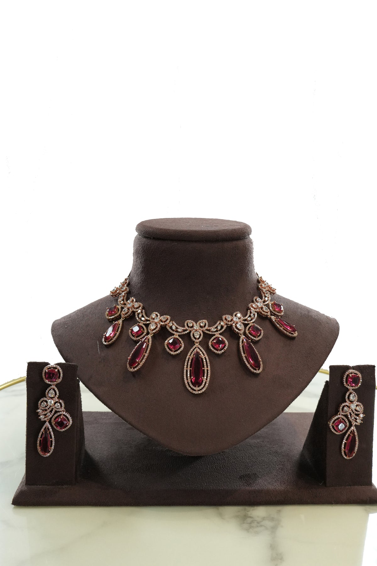 Red Stone Drop Necklace Set with Matching Earrings
