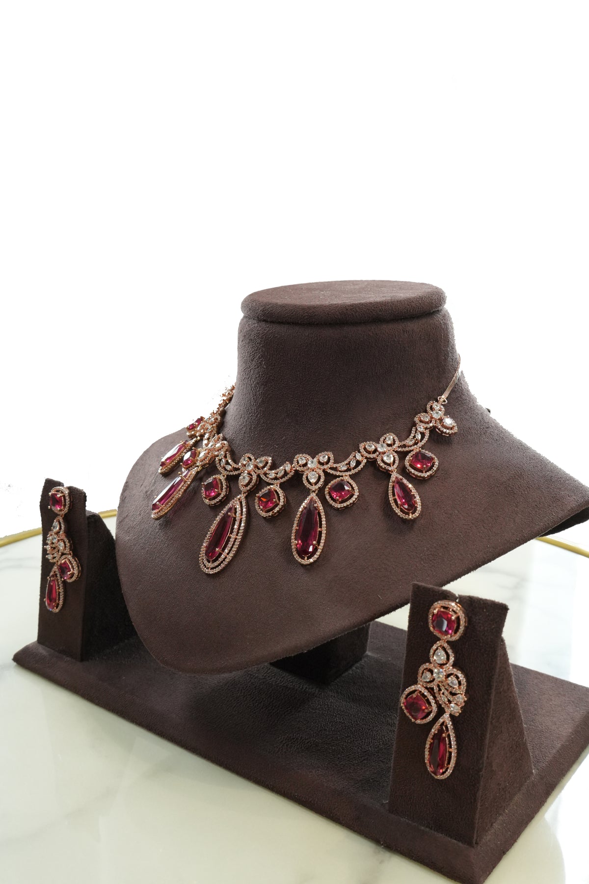 Red Stone Drop Necklace Set with Matching Earrings