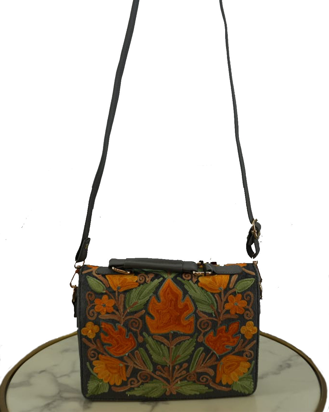 Kashmiri Handbag (Charcoal Grey & Orange)