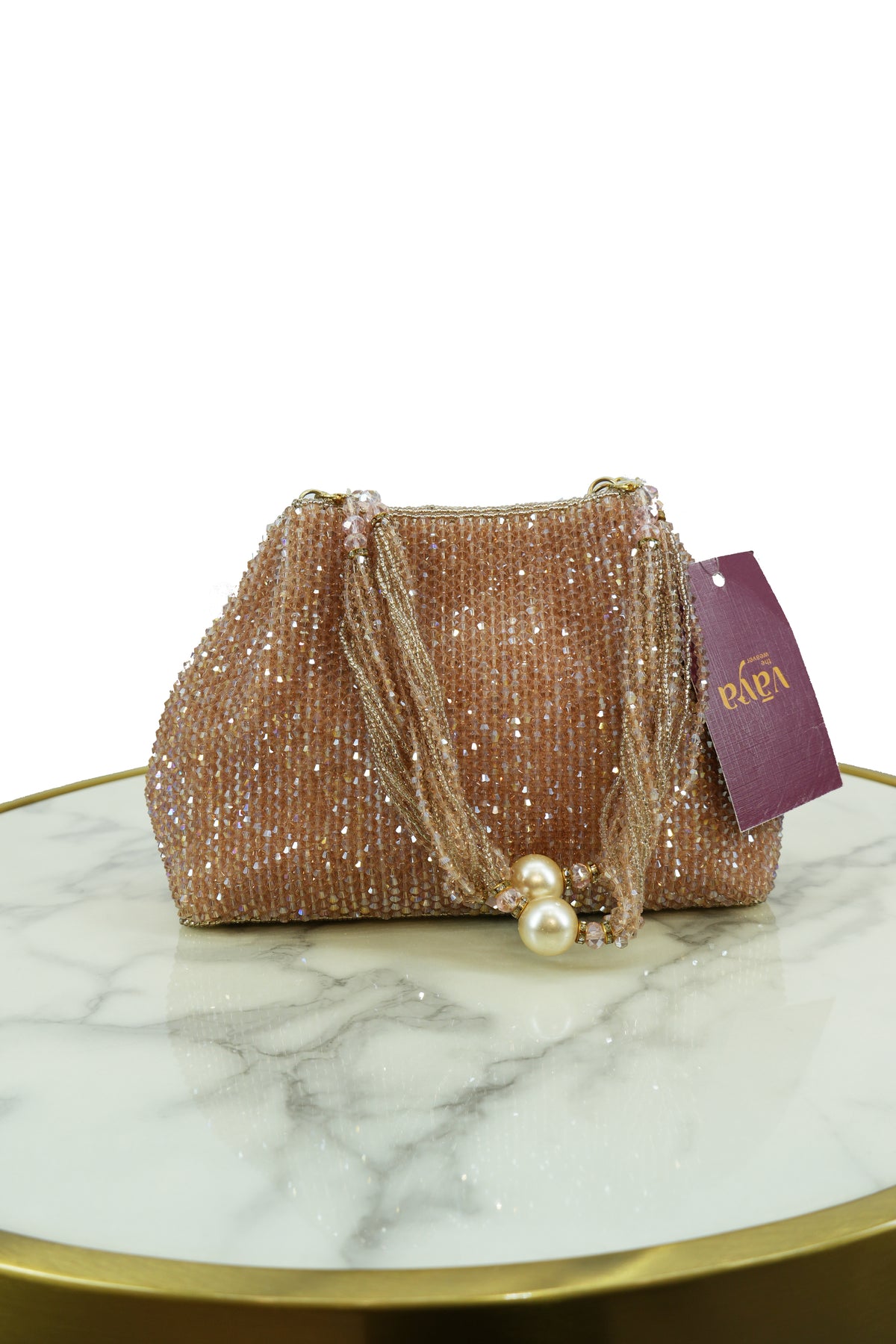 Shimmering Rose Gold Beaded Bag