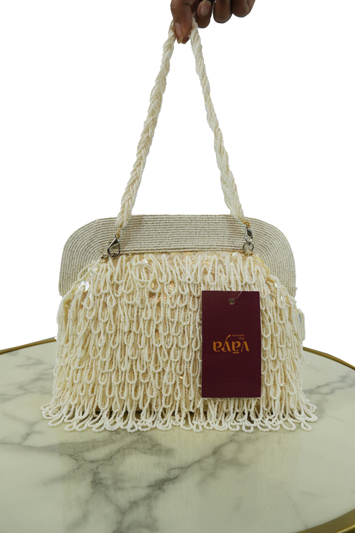 Ivory Beaded Fringe Clutch