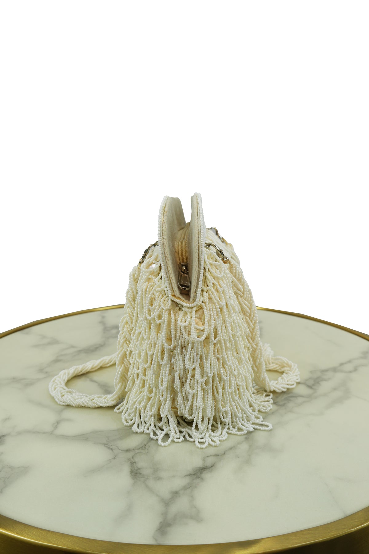 Ivory Beaded Fringe Clutch