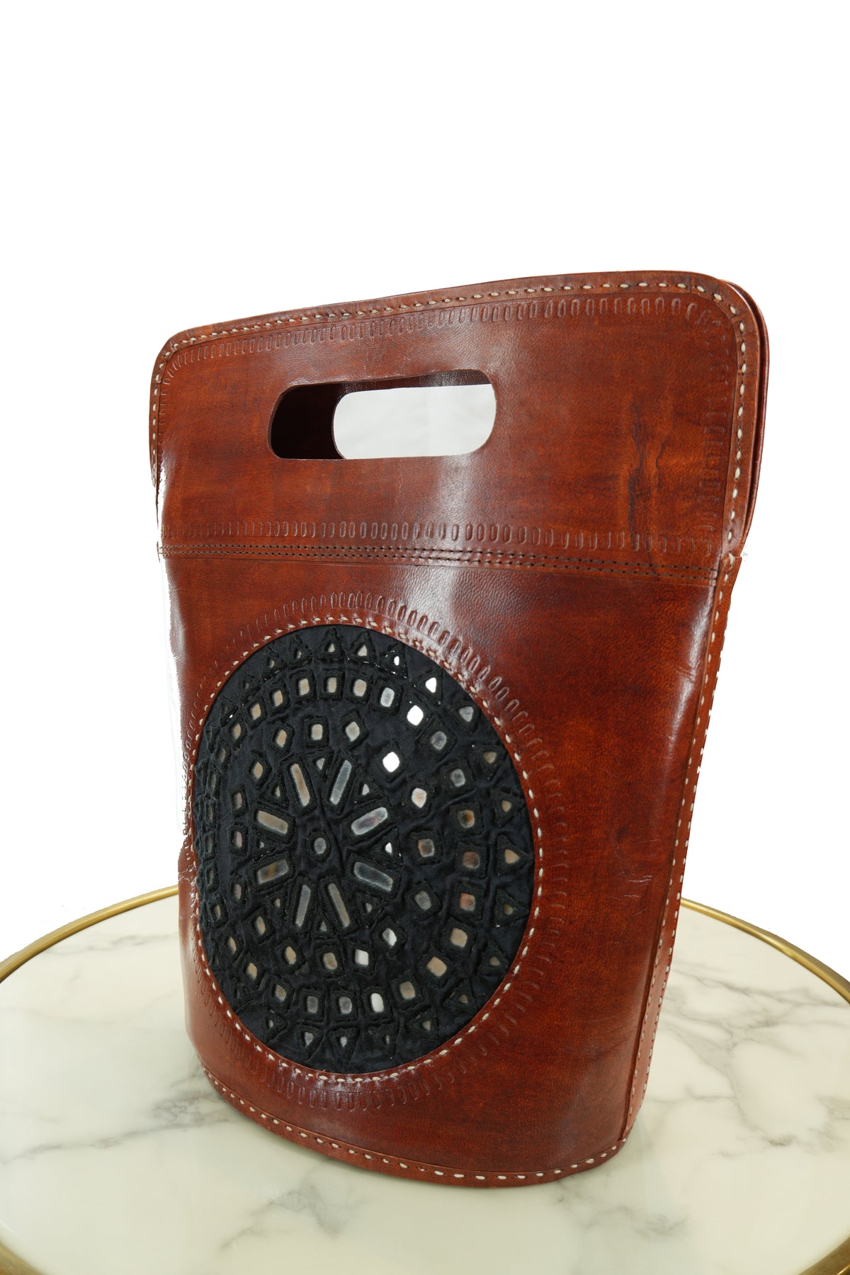 Handcrafted Leather Tote Bag with Mirrorwork