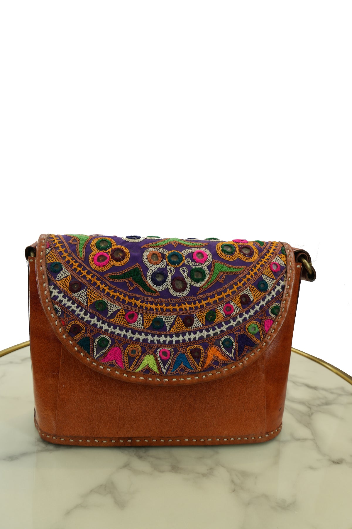 Handcrafted Leather Sling Bag with Embroidered Mirrorwork