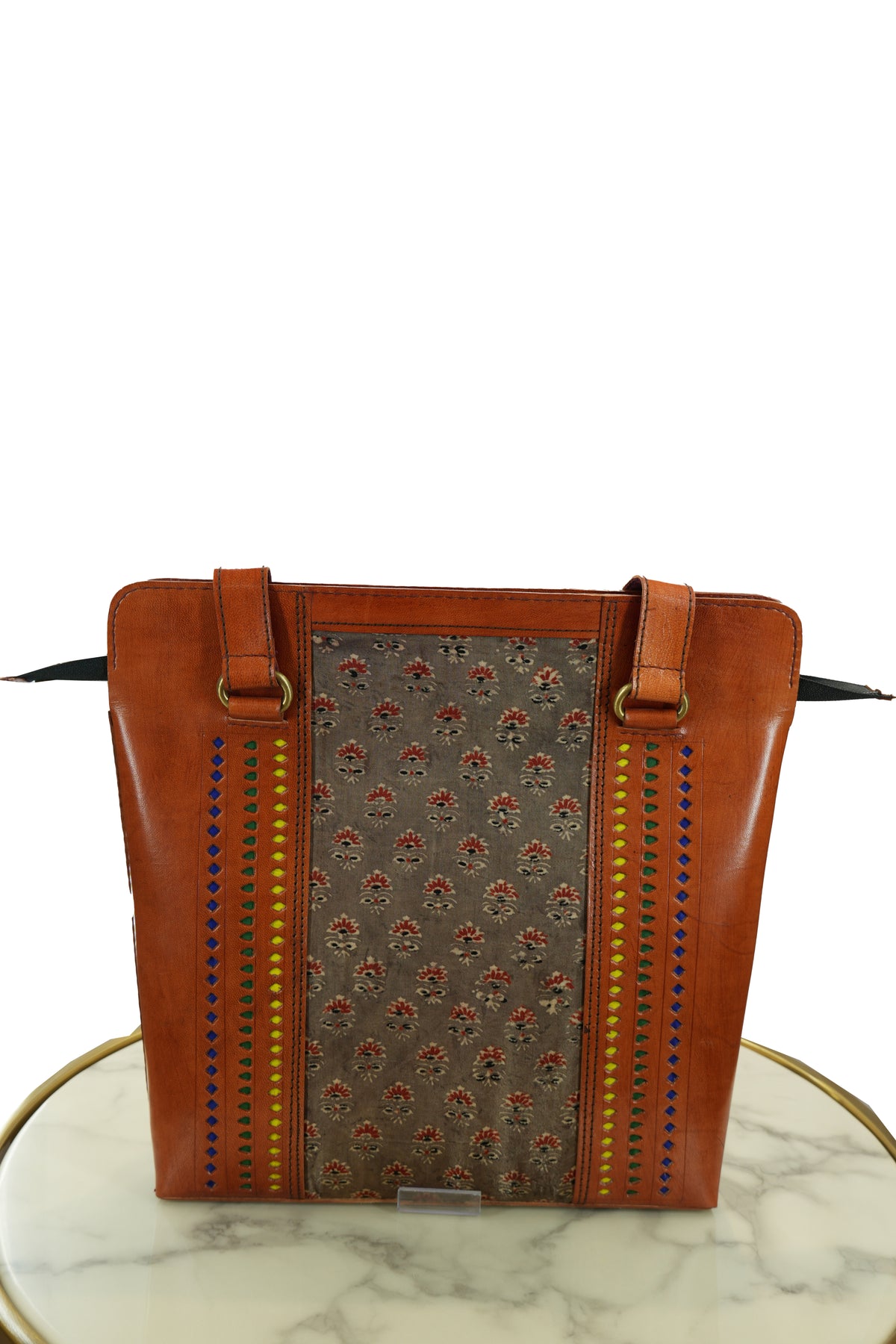 Handcrafted Leather Tote Bag with Fabric Panel