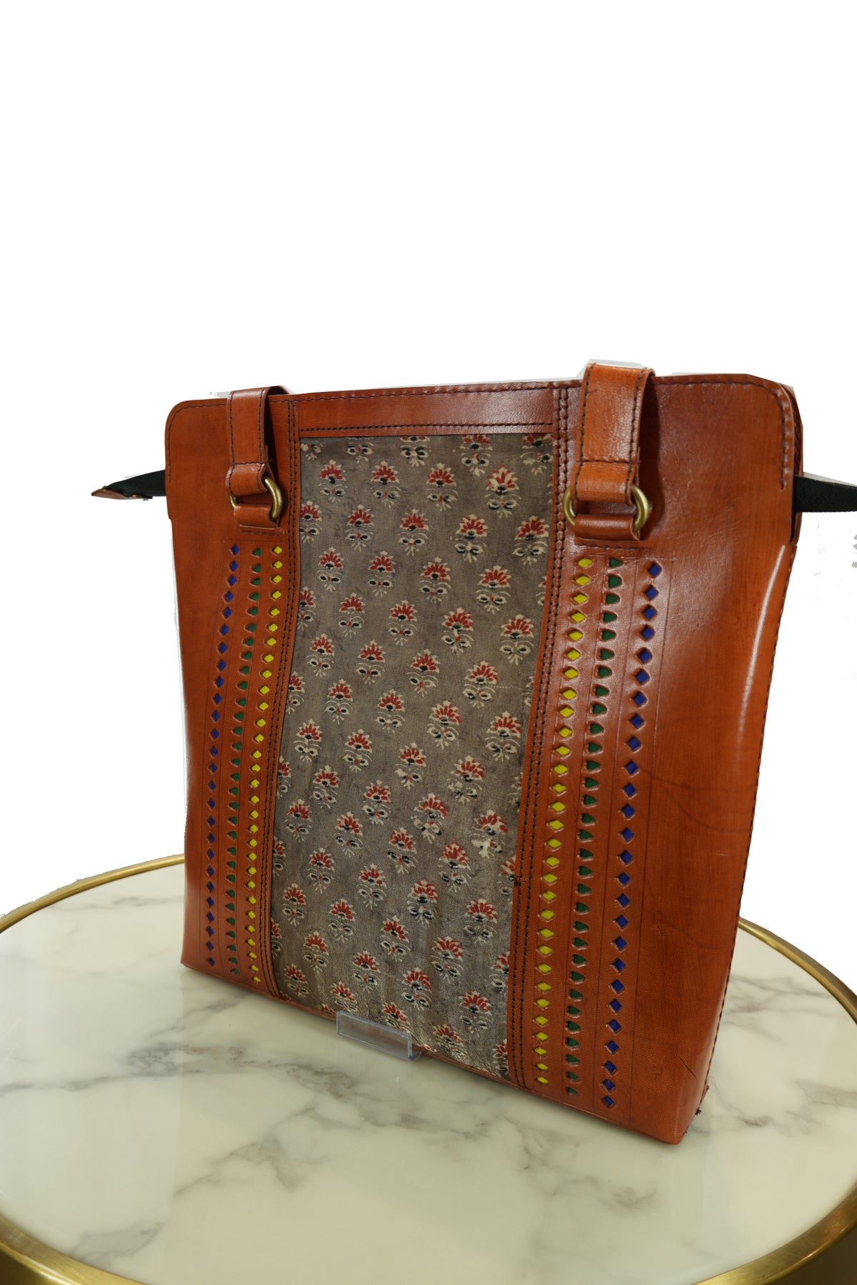 Handcrafted Leather Tote Bag with Fabric Panel