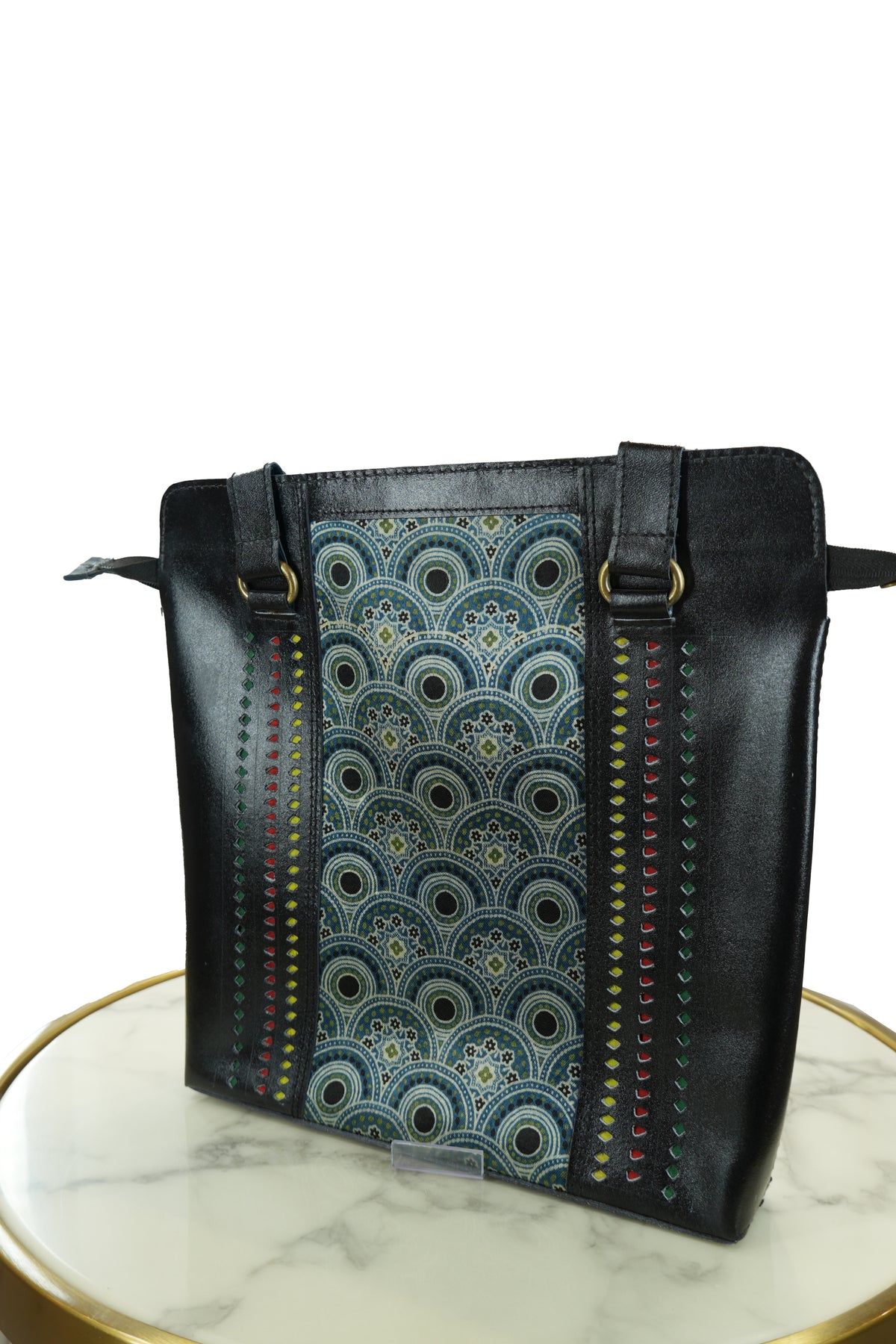 Handcrafted Leather Tote Bag with Fabric Panel