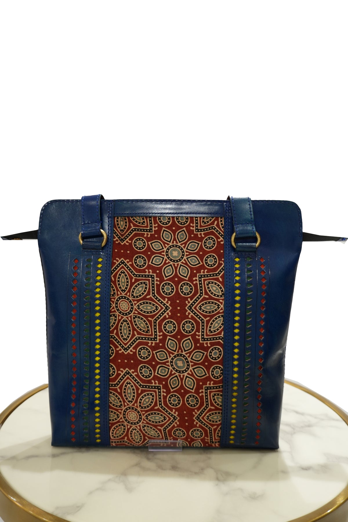 Handcrafted Leather Tote Bag with Fabric Panel