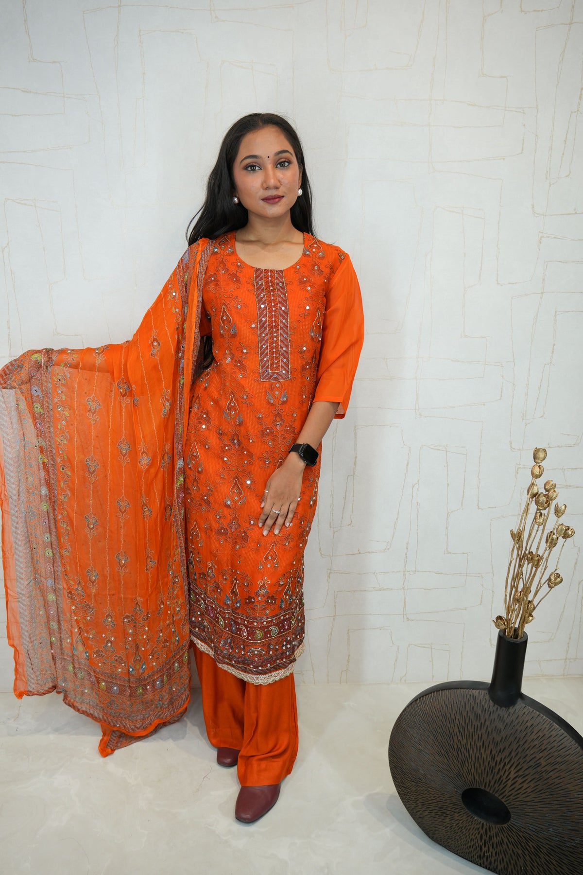 Embroidered Kurta Set (Orange & Hot Pink)