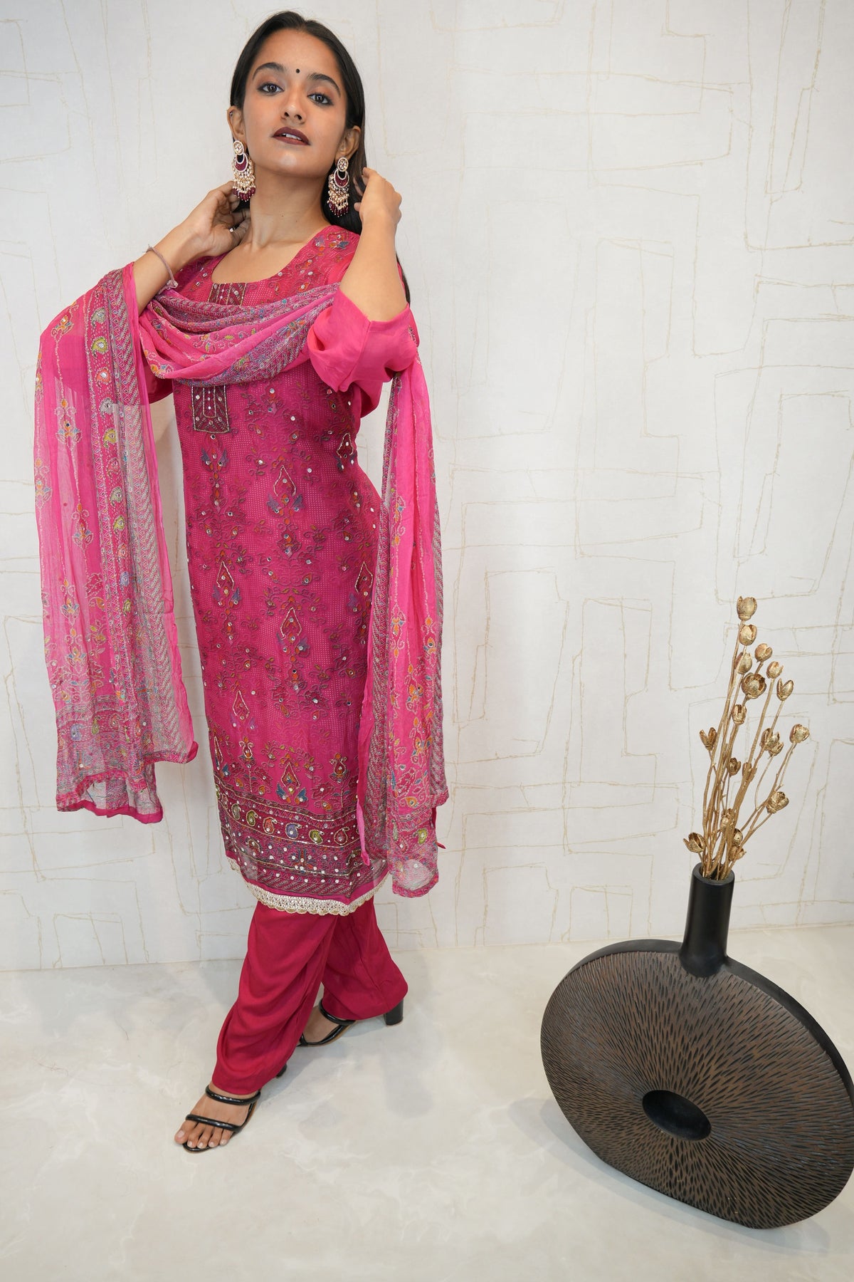 Embroidered Kurta Set (Orange & Hot Pink)
