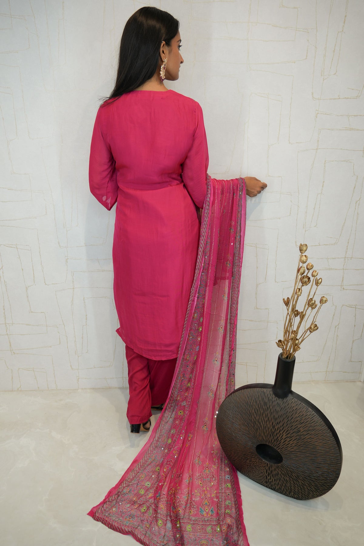 Embroidered Kurta Set (Orange & Hot Pink)
