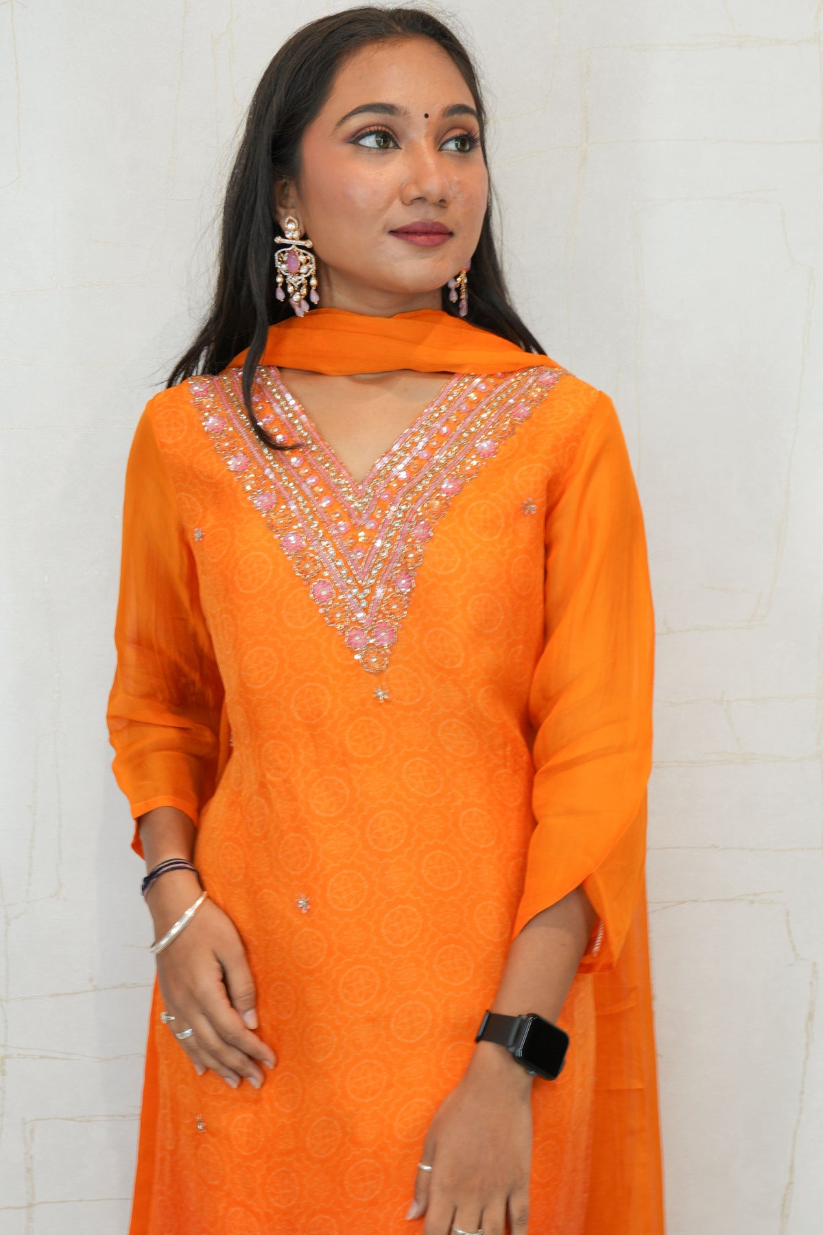 Handcrafted Embroidered Kurta Set (Orange & Pink)