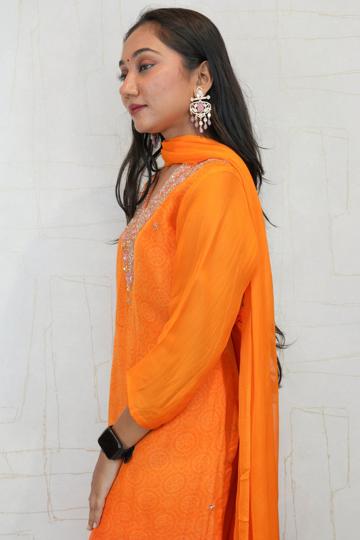 Handcrafted Embroidered Kurta Set (Orange & Pink)