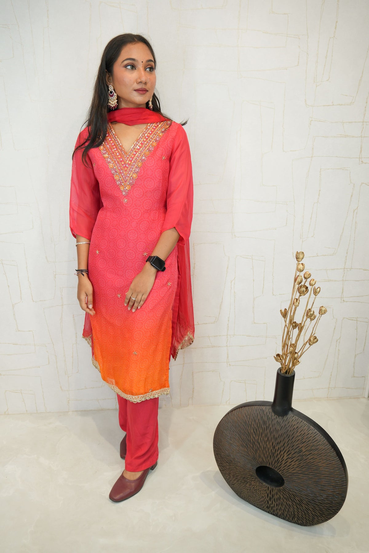 Handcrafted Embroidered Kurta Set (Orange & Pink)