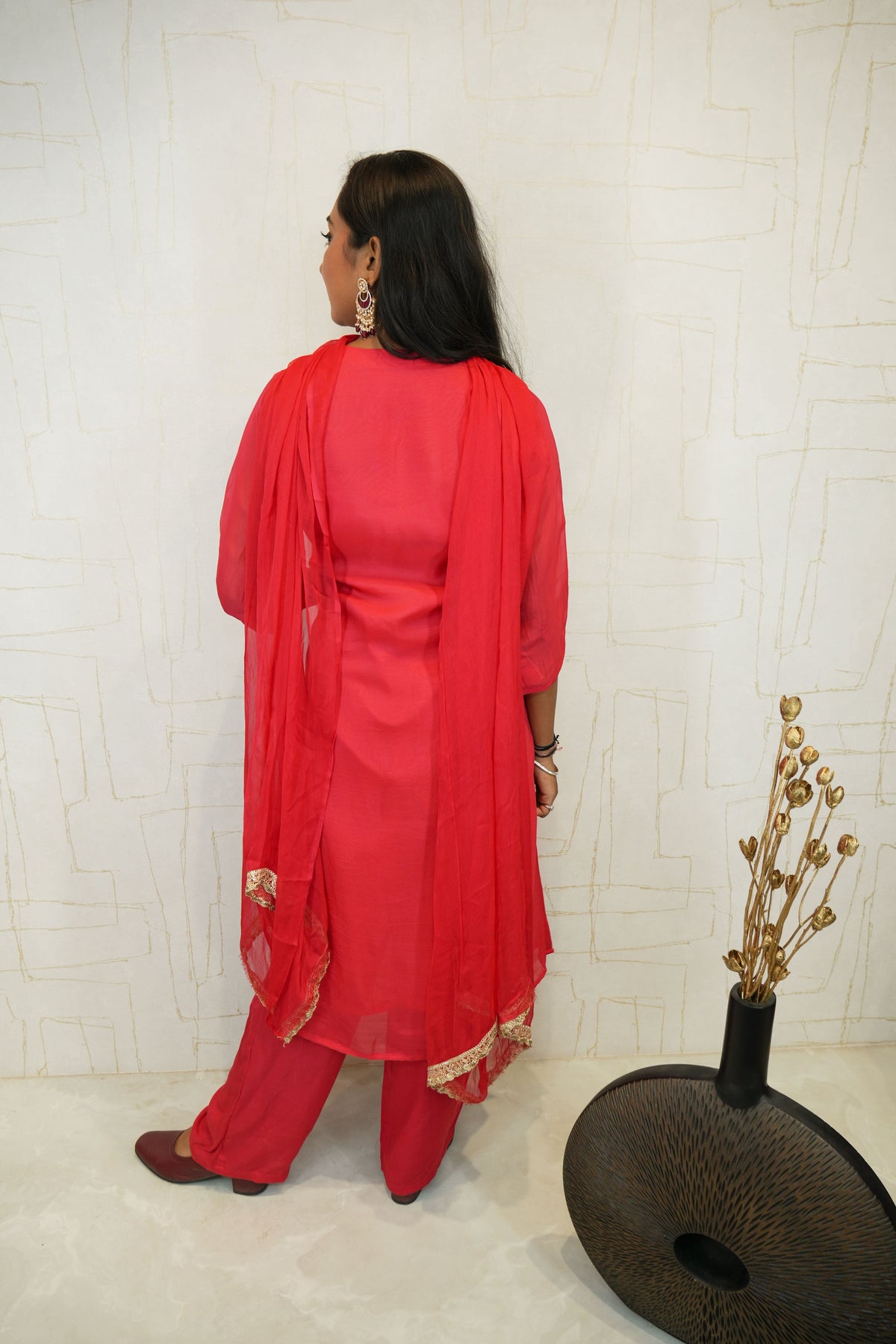 Handcrafted Embroidered Kurta Set (Orange & Pink)