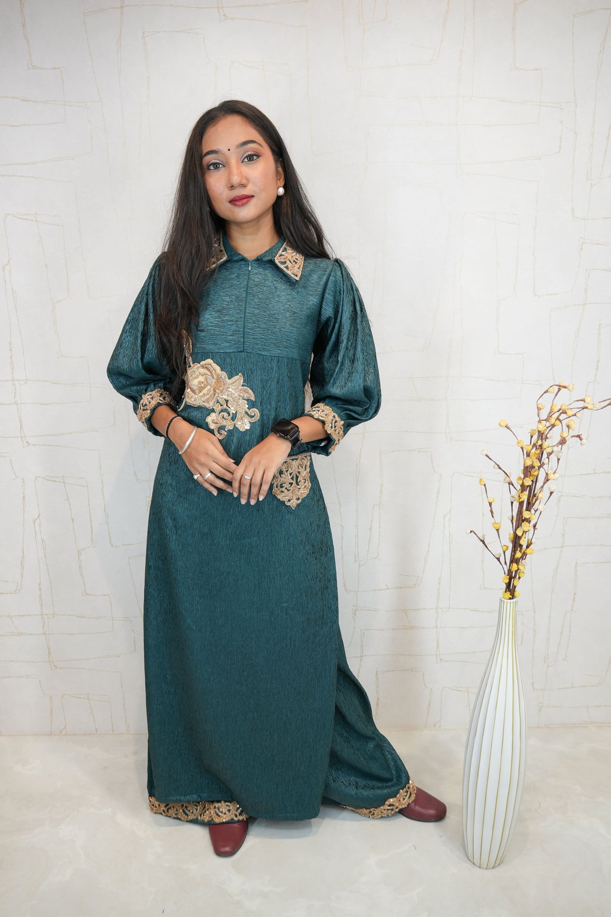Deep Teal Green Embroidered Ready Dress