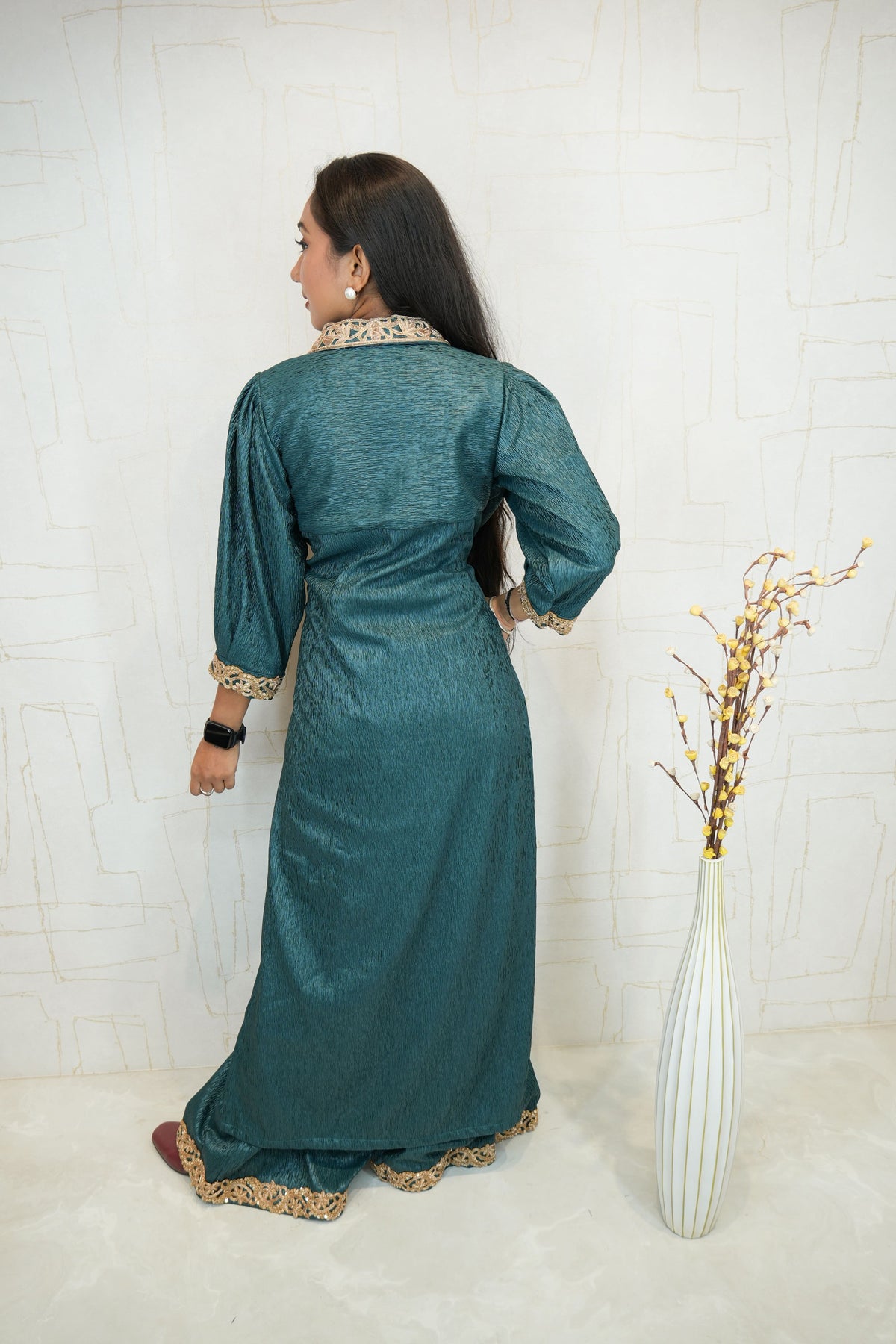 Deep Teal Green Embroidered Ready Dress