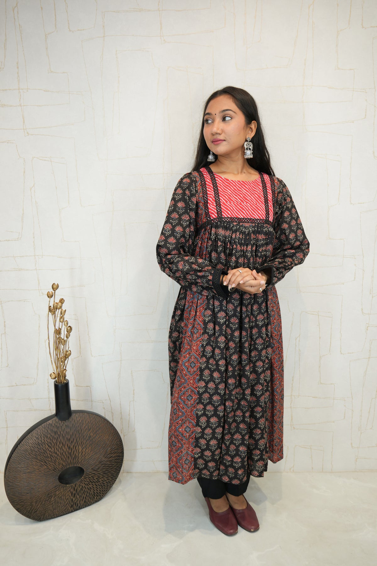 Black Floral Printed Anarkali Kurti