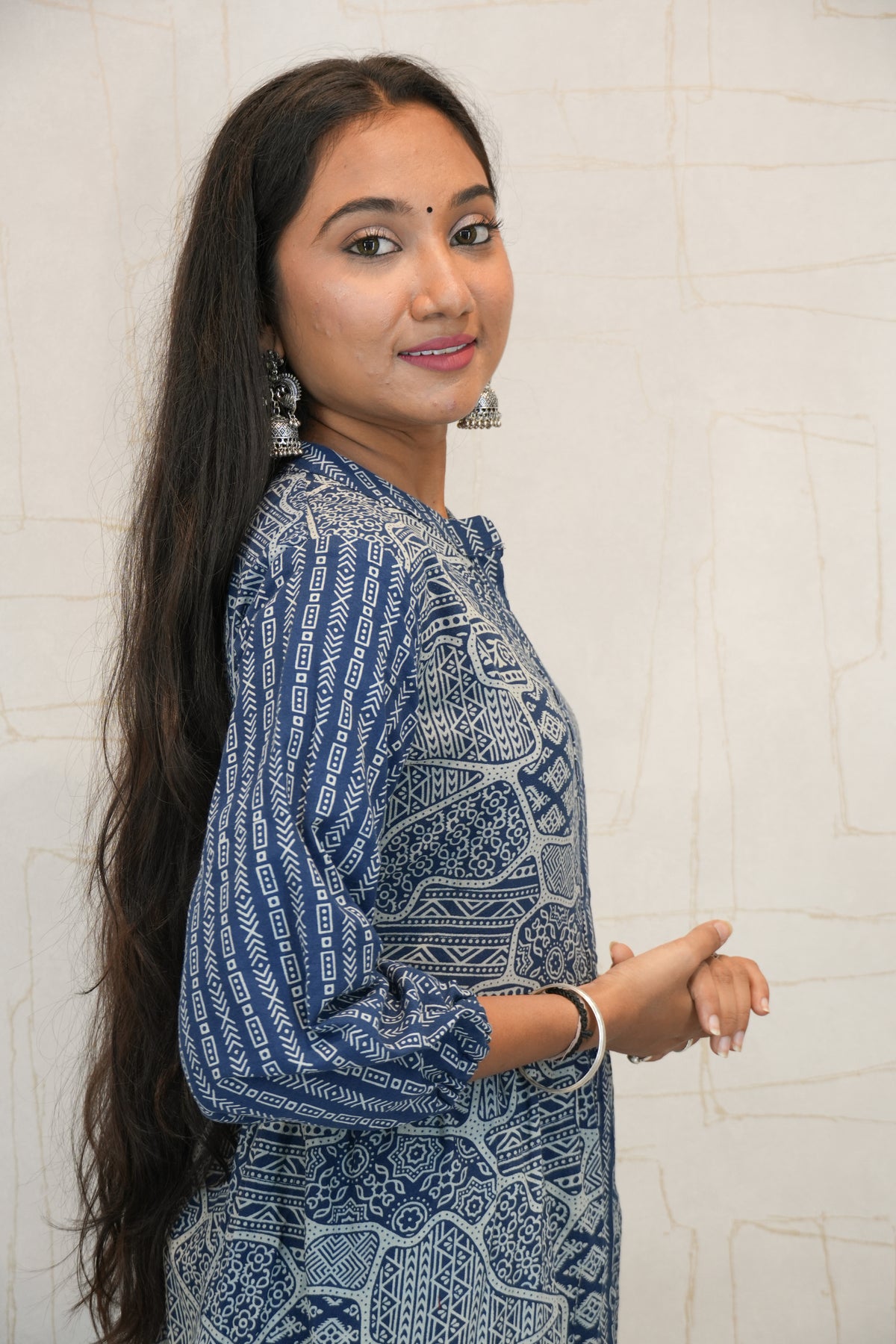 Blue Printed Ankle-Length Kurta for Women