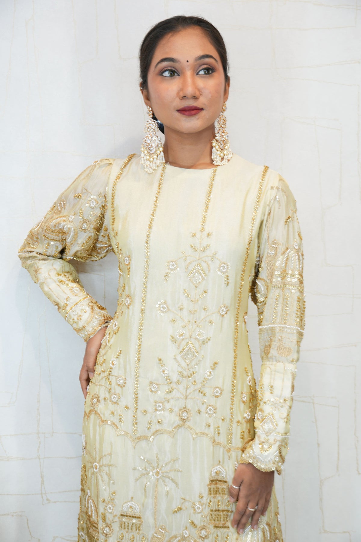 Women Embroidered Cotton Silk Ethnic Dress(Beige, Gold)