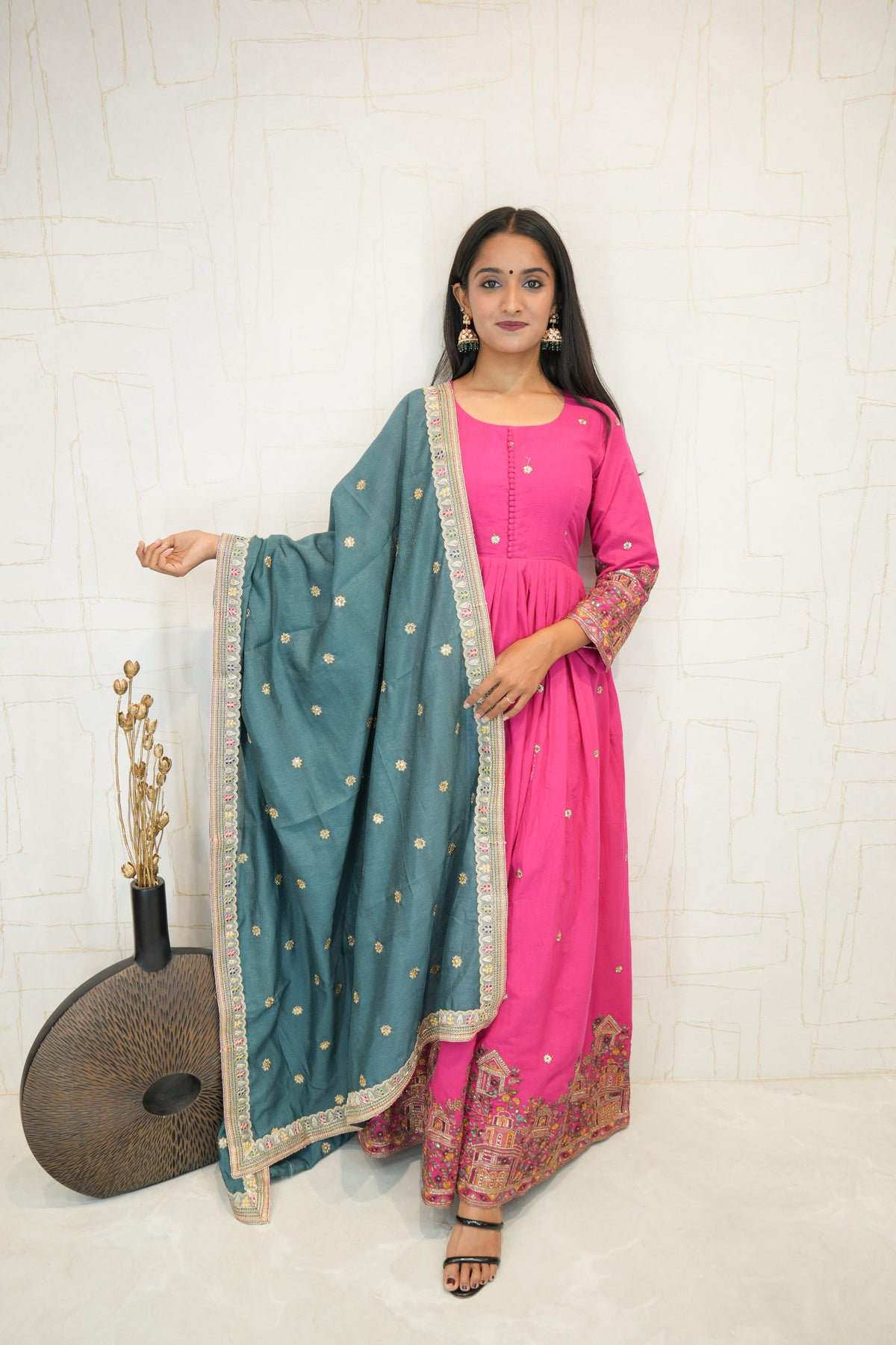 Pink Anarkali Kurta with Teal Dupatta & Pant