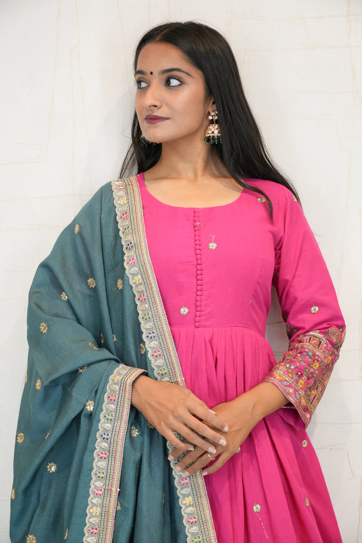 Pink Anarkali Kurta with Teal Dupatta & Pant