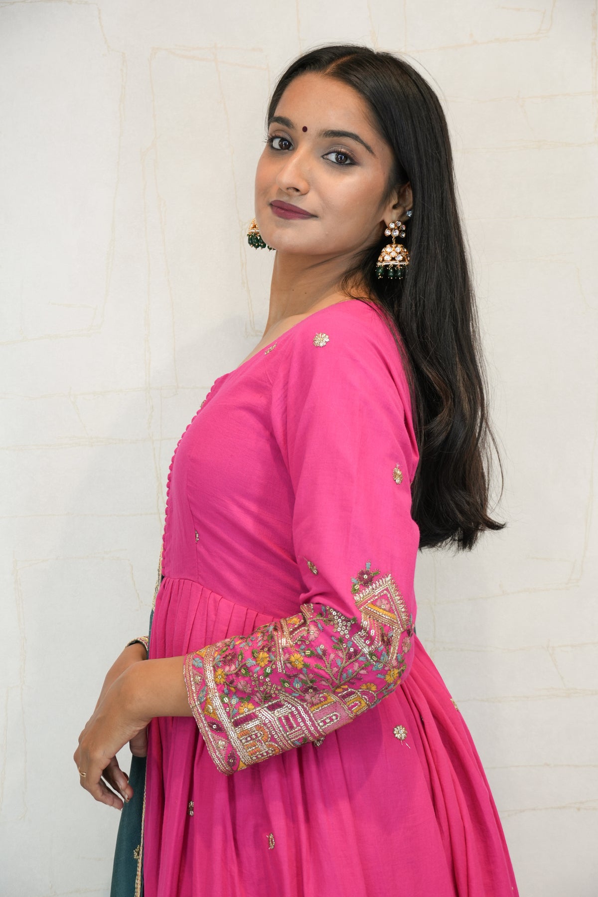 Pink Anarkali Kurta with Teal Dupatta & Pant