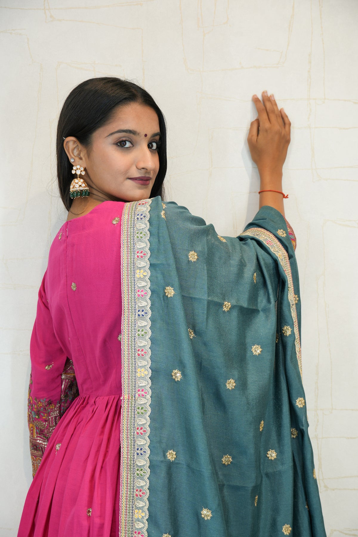 Pink Anarkali Kurta with Teal Dupatta & Pant