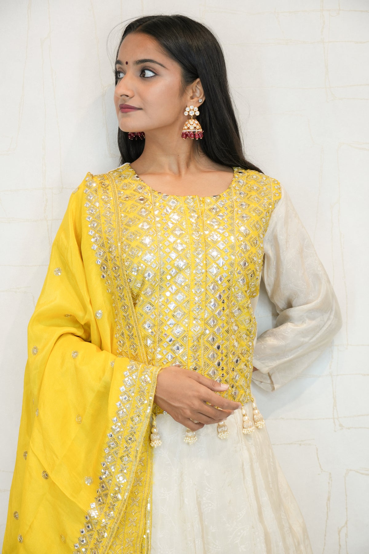 Yellow Mirror Work Kurta Pant Set with Dupatta