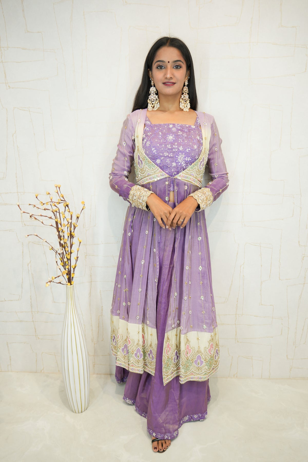 Lavender Embroidered Crop Top with Palazzo & Long Jacket Set