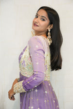 Lavender Embroidered Crop Top with Palazzo & Long Jacket Set