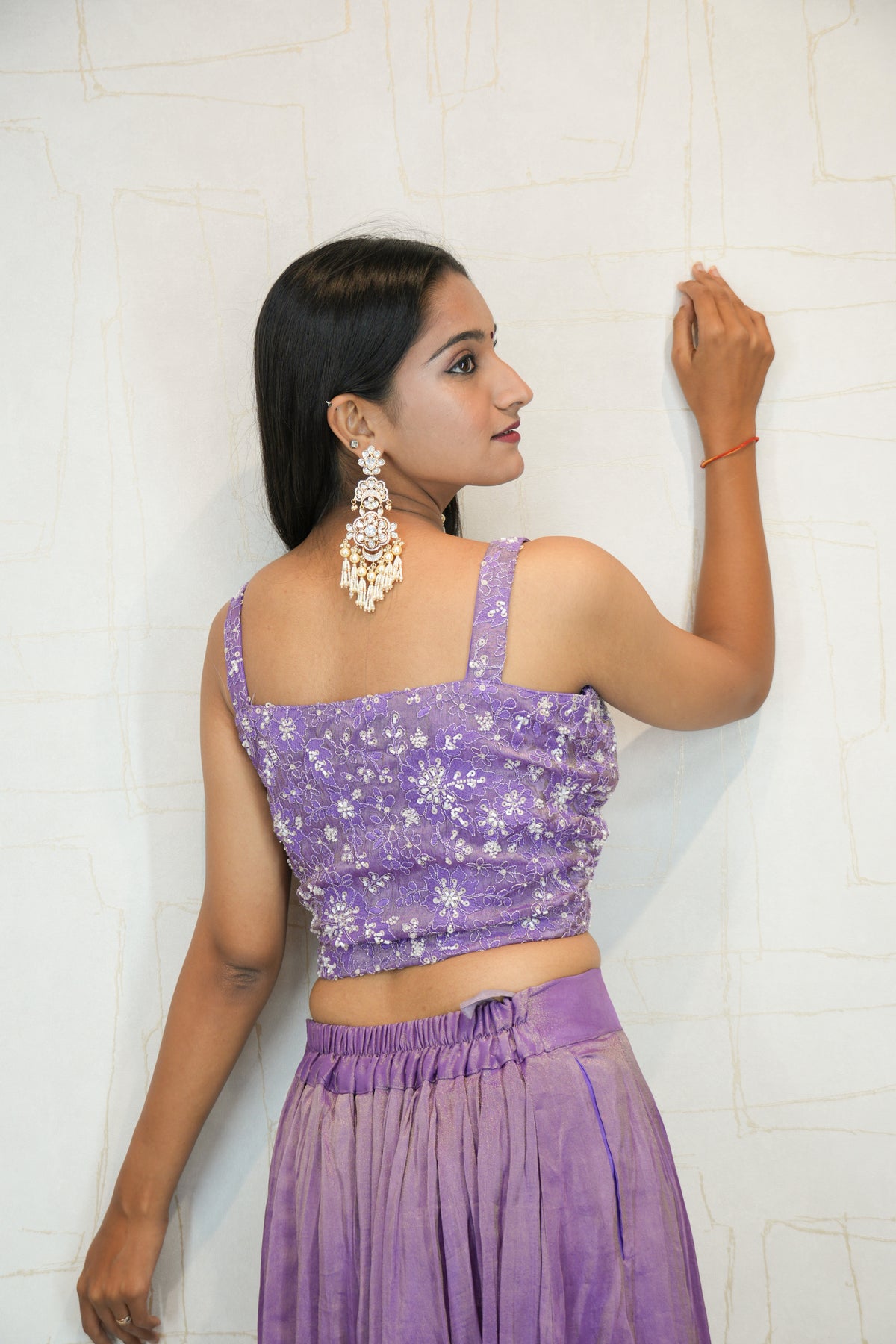 Lavender Embroidered Crop Top with Palazzo & Long Jacket Set