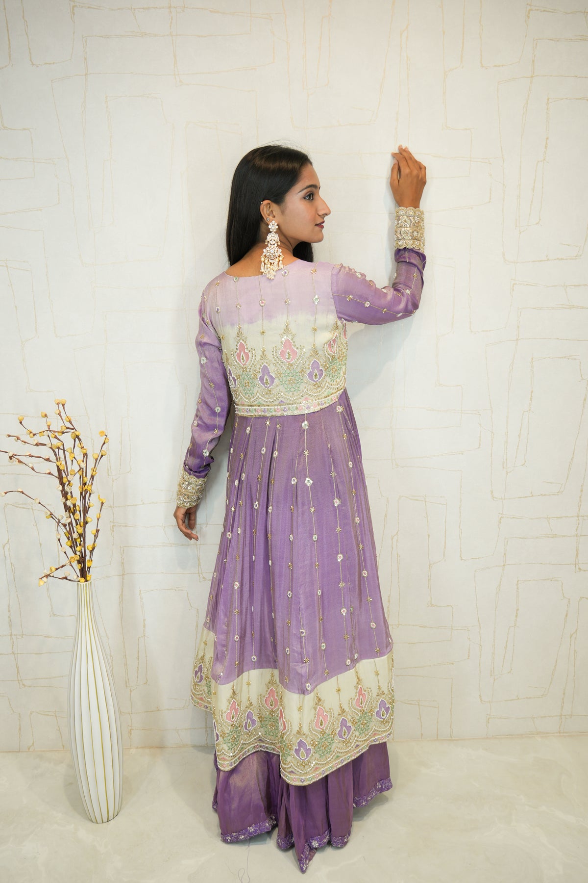 Lavender Embroidered Crop Top with Palazzo & Long Jacket Set