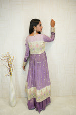 Lavender Embroidered Crop Top with Palazzo & Long Jacket Set