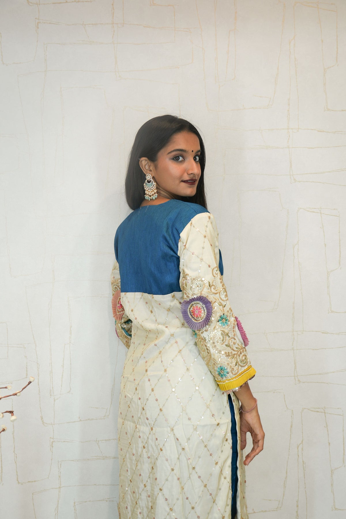 Embroidered cream ethnic kurti with pant