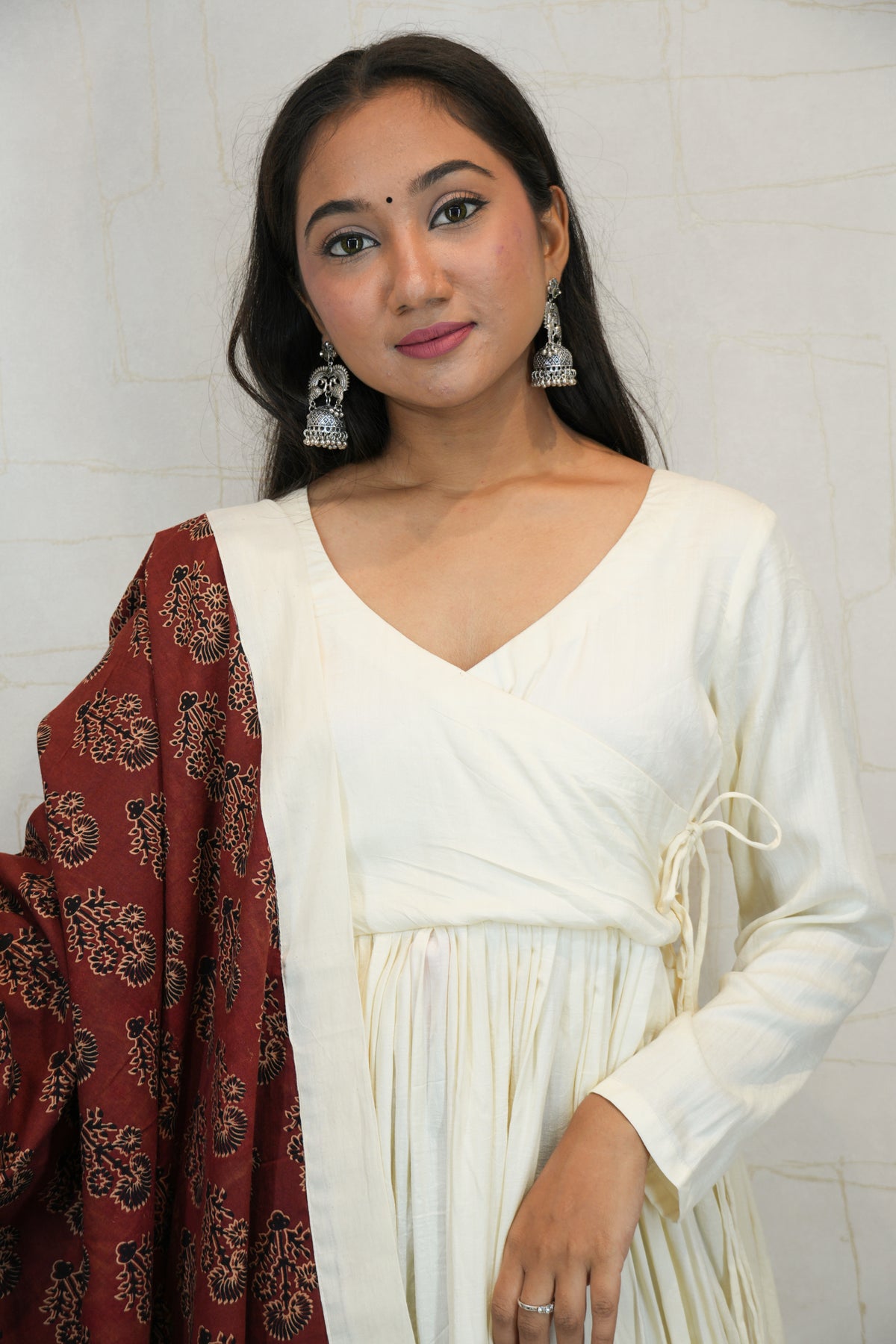 Ivory Anarkali Kurti with Maroon Printed Dupatta & Pant