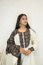 Black Printed Kurti with Ivory Anarkali, Dupatta & Pant