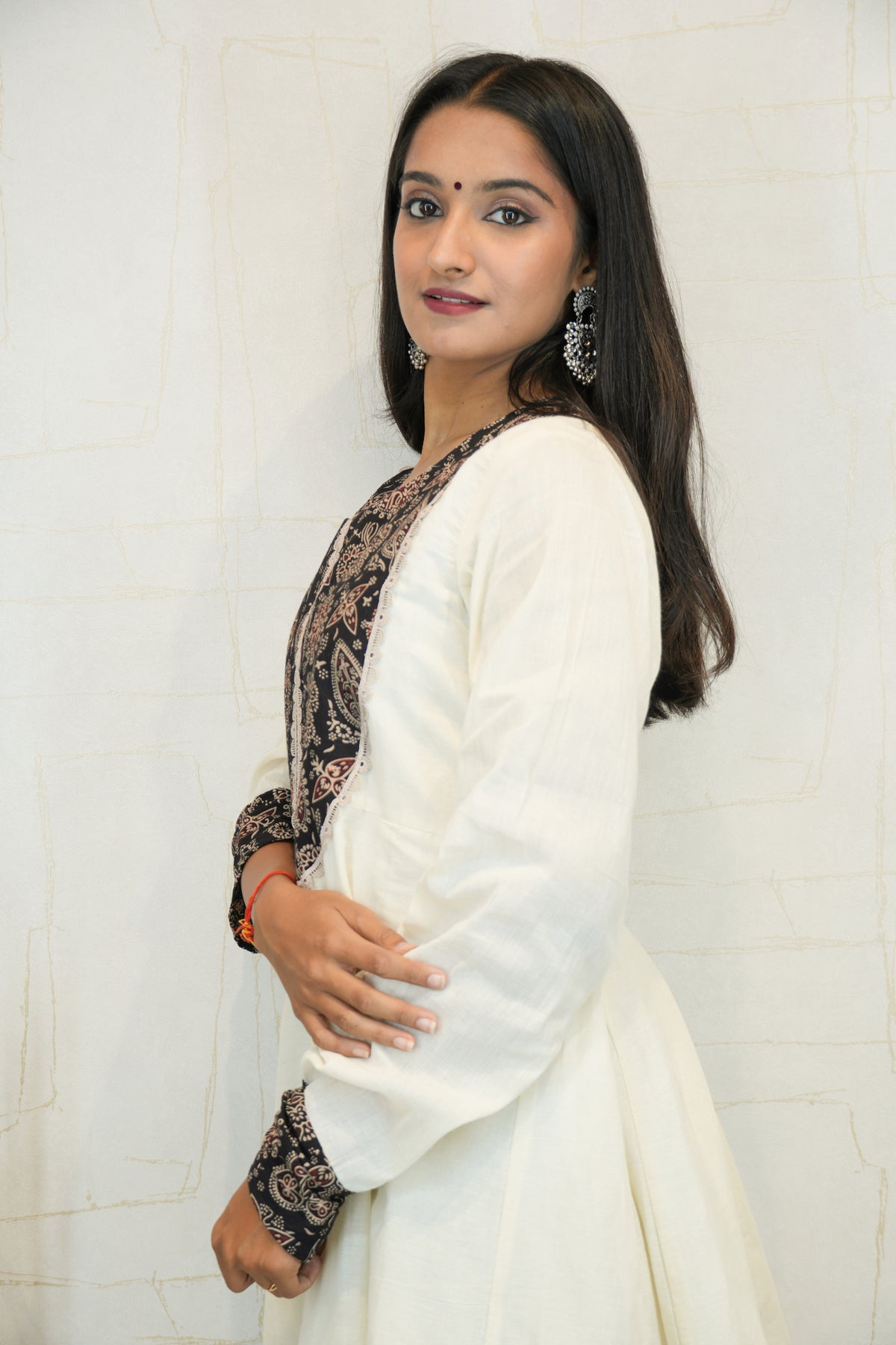 Black Printed Kurti with Ivory Anarkali, Dupatta & Pant