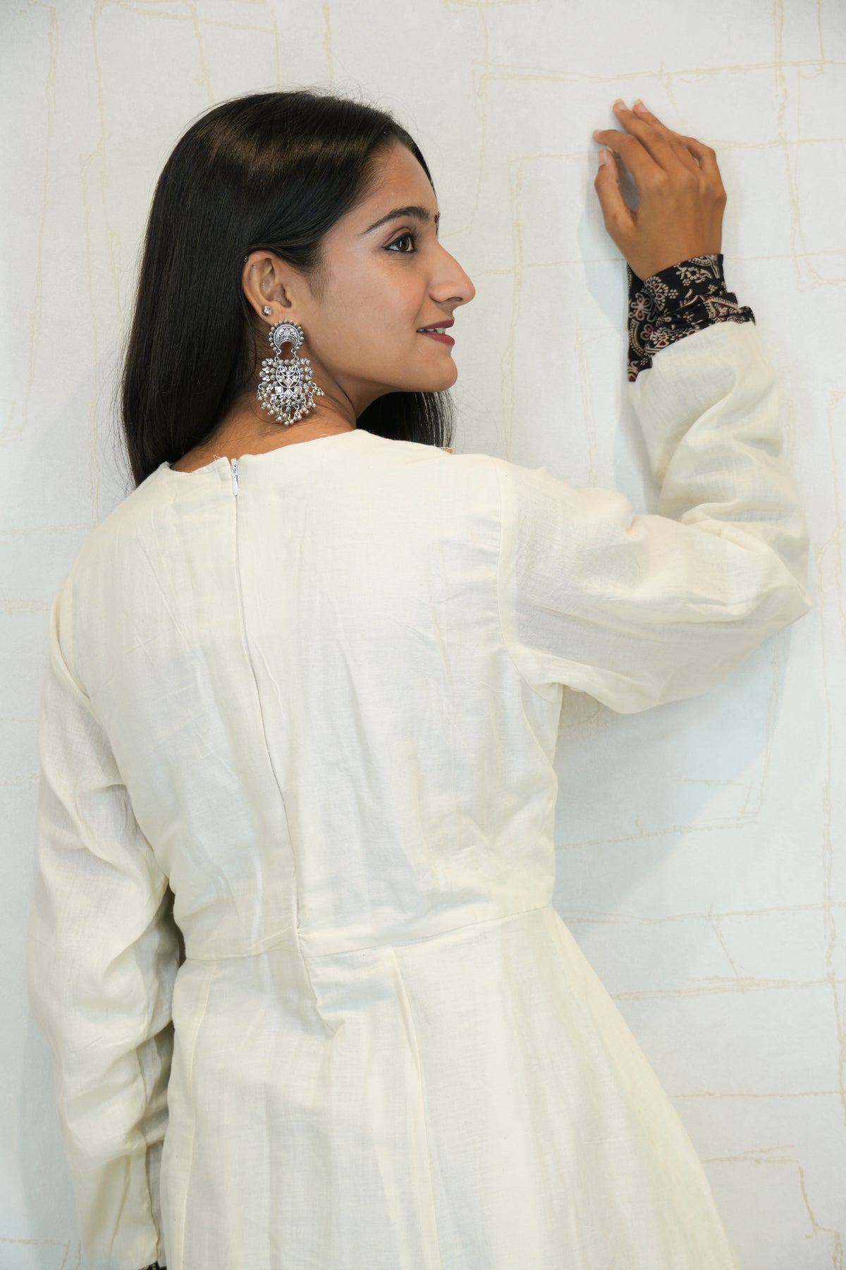 Black Printed Kurti with Ivory Anarkali, Dupatta & Pant