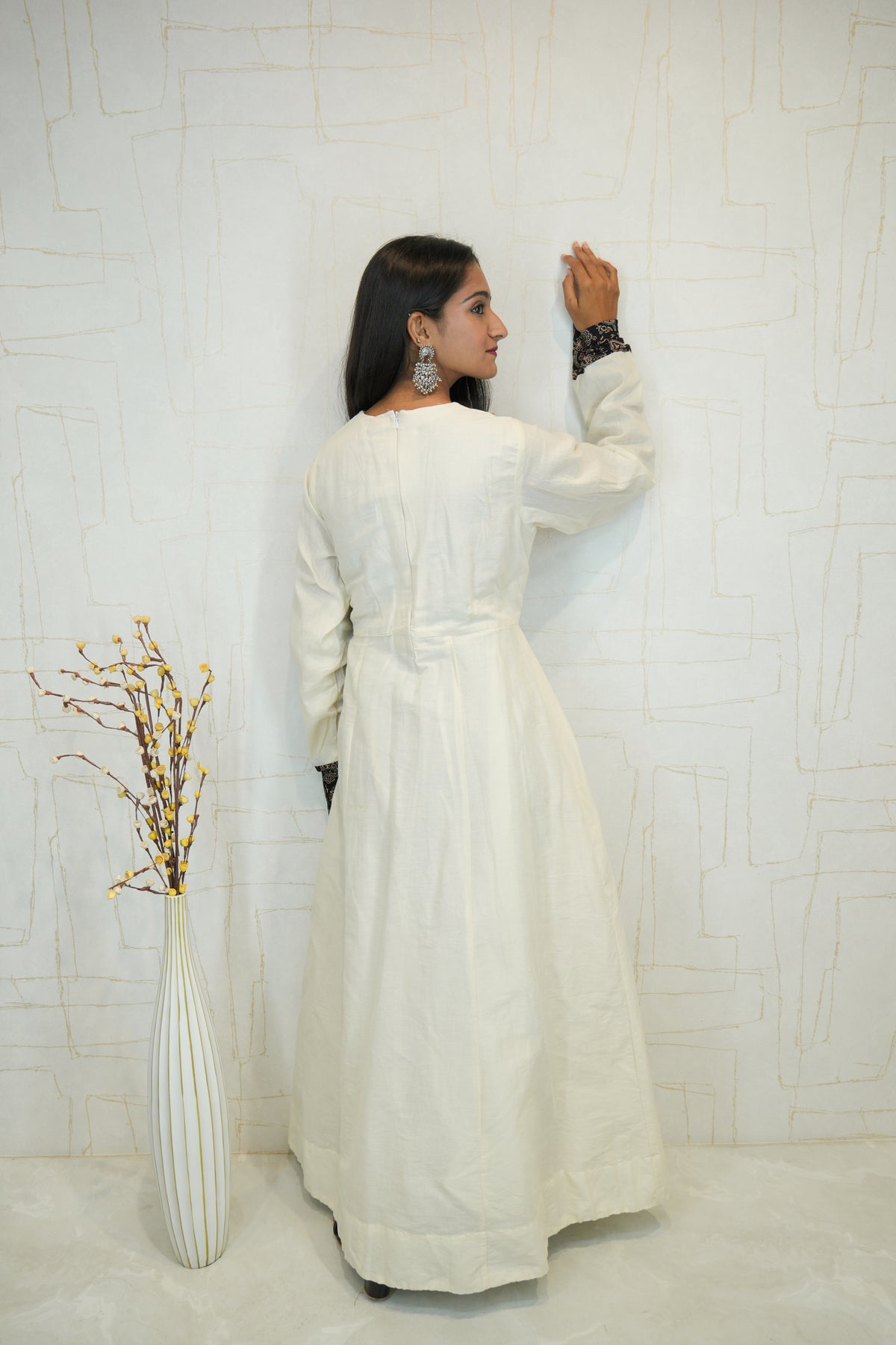 Black Printed Kurti with Ivory Anarkali, Dupatta & Pant