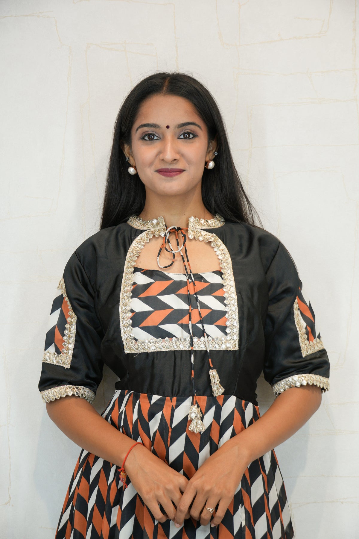 Traditional Geometric-Print Gown with Embroidered Neckline