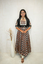 Traditional Geometric-Print Gown with Embroidered Neckline