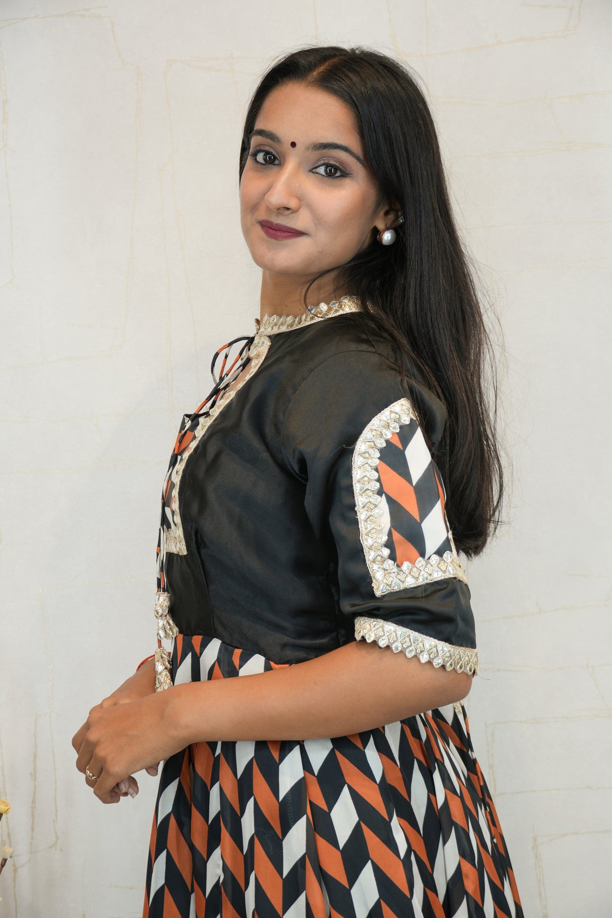 Traditional Geometric-Print Gown with Embroidered Neckline