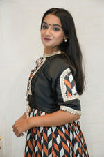 Traditional Geometric-Print Gown with Embroidered Neckline